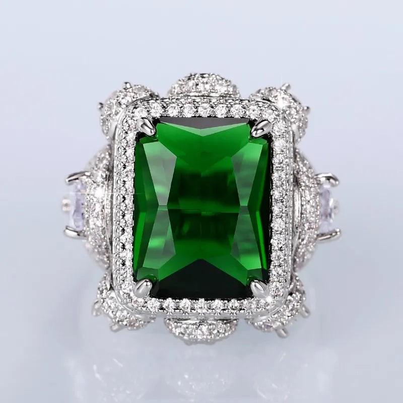 Huitan Hyperbole Square Green Cubic Zirconia Rings Women Wedding Anniversary Party Gorgeous Lady's Special-interested Jewelry