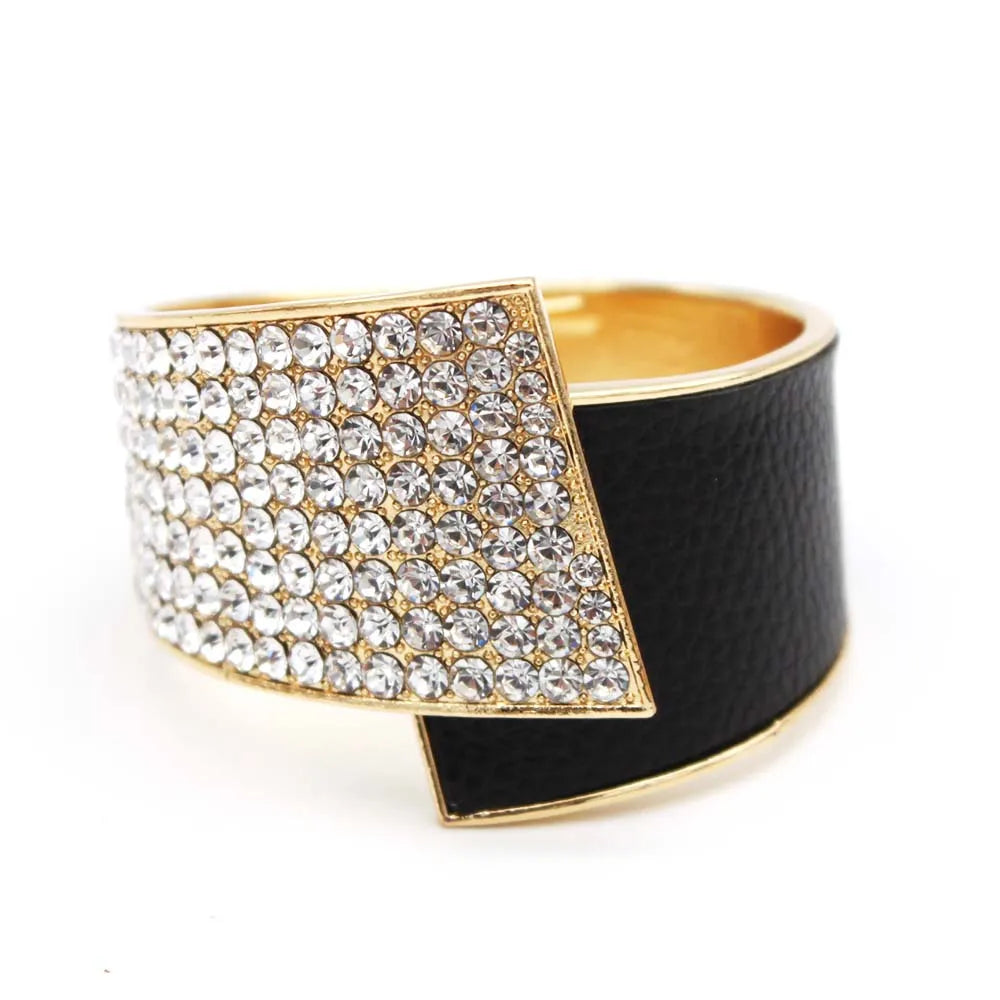 Fashion Geometric Cuff Bracelet For Women Crystal Spring Open Wide Leather Bracelet Trendy Party jewelry