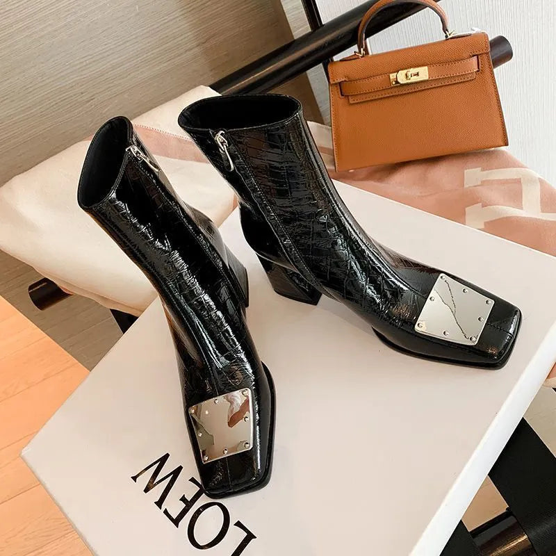 Modern Boots Thick Heel Square Toe Waterproof Non-slip Inner Zipper Autumn and Winter Fashion Shoes for Women 2023 New