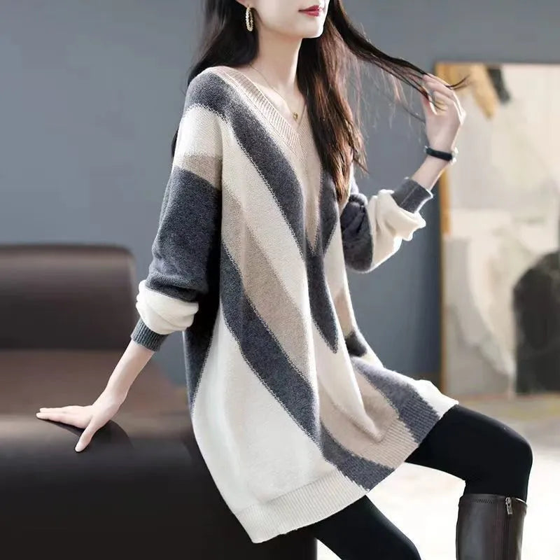 Autumn Winter V-Neck Fashion Striped Pullovers Sweaters for Female All-match Loose Long Sleeve Knitted Tops Women's Clothing