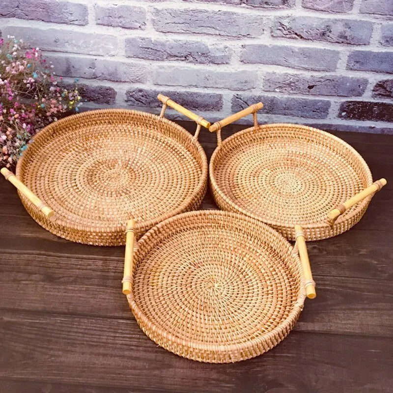 Rattan Bread Storage Woven Snacks Fruit Round Tray