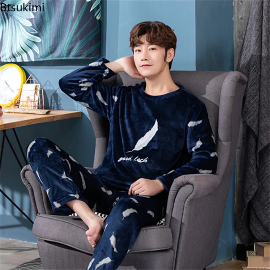 New 2023 Autumn Winter Long Sleeve Thick Warm Flannel Pajama Sets for Men Coral Velvet Soft Sleepwear Suit Pyjamas Homewear Male