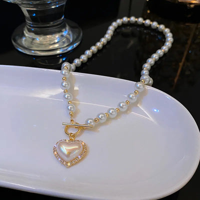 Luxury Heart Pearl Pendant Necklaces for Women Elegant Charm French Romantic Clavicle Chain Anniversary Gift Collares Para Mujer