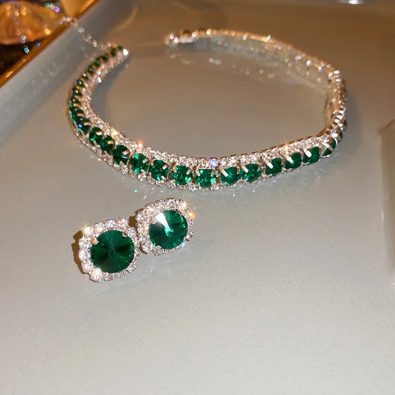 Luxury Necklace Earrings Sets Green Crystal Necklace Women Weddings Bride Jewelry Accessories