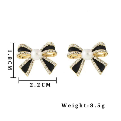 Cute Bow Knot Earrings for Women 2024 Trendy Black Enamel Oil Crystal Pearl Stud Earrings Wedding Party Jewelry Accessories