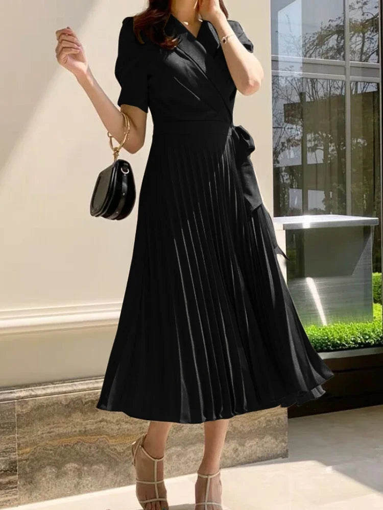 Chiffon Dress Pleated High-waisted Frock Chiffon Female Clothing Elegant Skirt Medium-length Dress Office Lady Outfits Summer