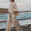 Women Sets Cotton Linen Stand Collar Lantern Sleeve Loose Flower Tops Wide Leg Oversize Pants Party Holiday Clothes