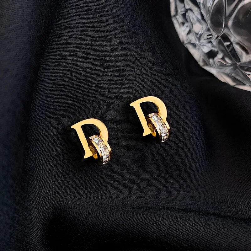 New titanium steel zircon D letter Circle Earrings luxury party earrings for women christmas Unusual Fashion versatile Earrings