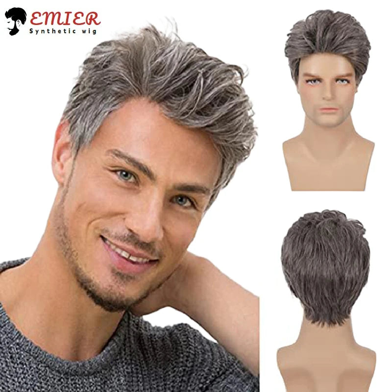 Short Mens Grey Wig Layered Natural Hair Mixed Grey Hair Heat Resistant Straight Synthetic Wigs With Bangs Cosplay Daily Use Wig