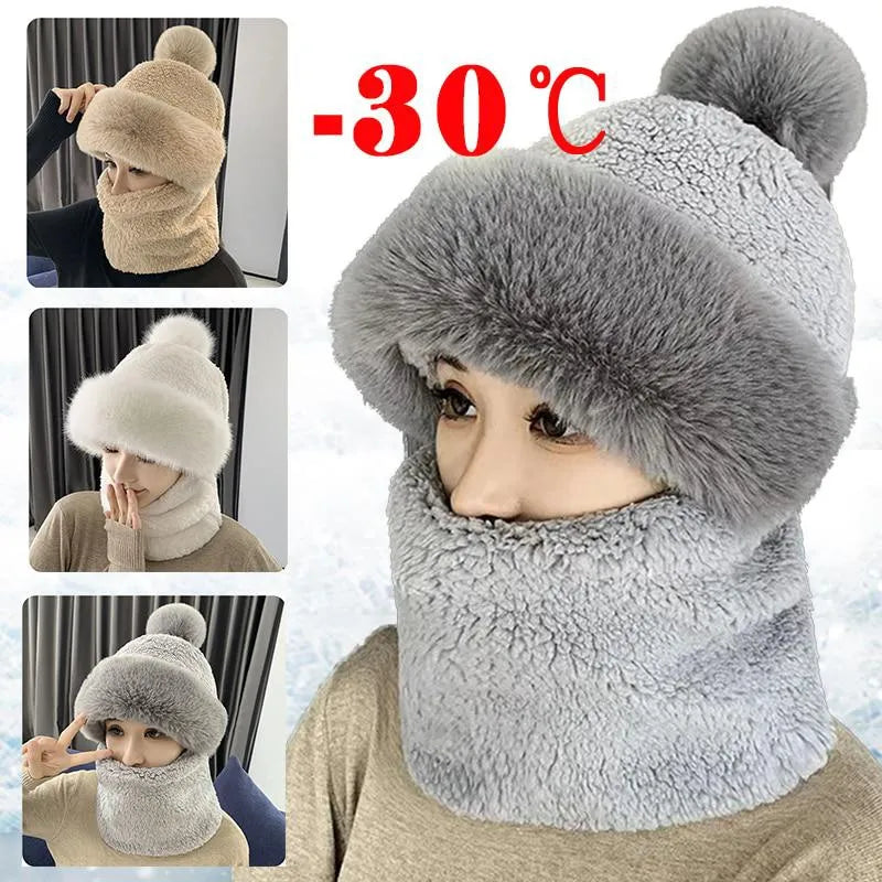 Winter Scarf Set Hooded for Women Plush Neck Warm Russia Outdoor Ski Windproof Hat Thick Plush Fluffy Beanies