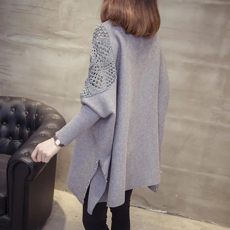 2024 Autumn And Winter New Loose Sweater Coat Women's Half-high Collar Pullover Wrap Swing Beading