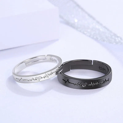 2Pcs/set Romantic Couple Rings For Women Men Punk Heart ECG Black White Forever Love Promise Wedding Ring Valentine'S Day Gift