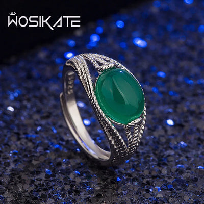 WOSIKATE Vintage Green Agate Fashion Ring For Women 925 Sterling Silver Jewellery Open Size Finger Ring