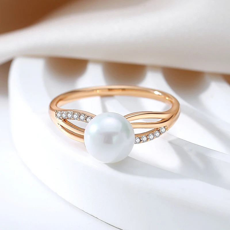 SYOUJYO Luxury Big Pearl Natural Zircon Ring For Women 585 Rose Gold Color Fine Jewelry Gift Original Design