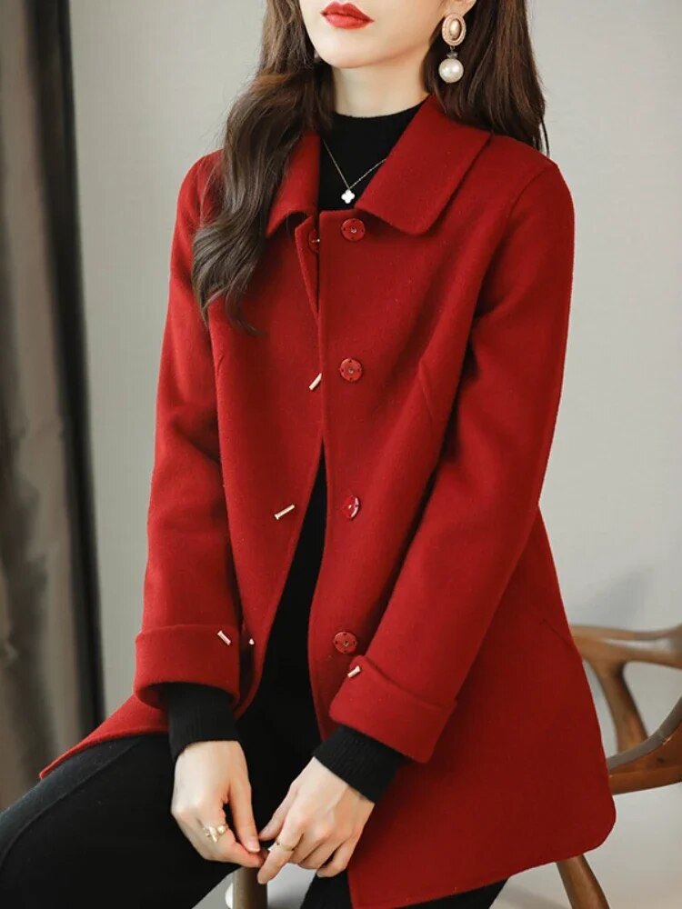 Elegant Women's Overcoat Solid New Pocket Loose Warm Autumn/Winter Jacket Women Promotion Slim Long Sleeved Wool Coat Women