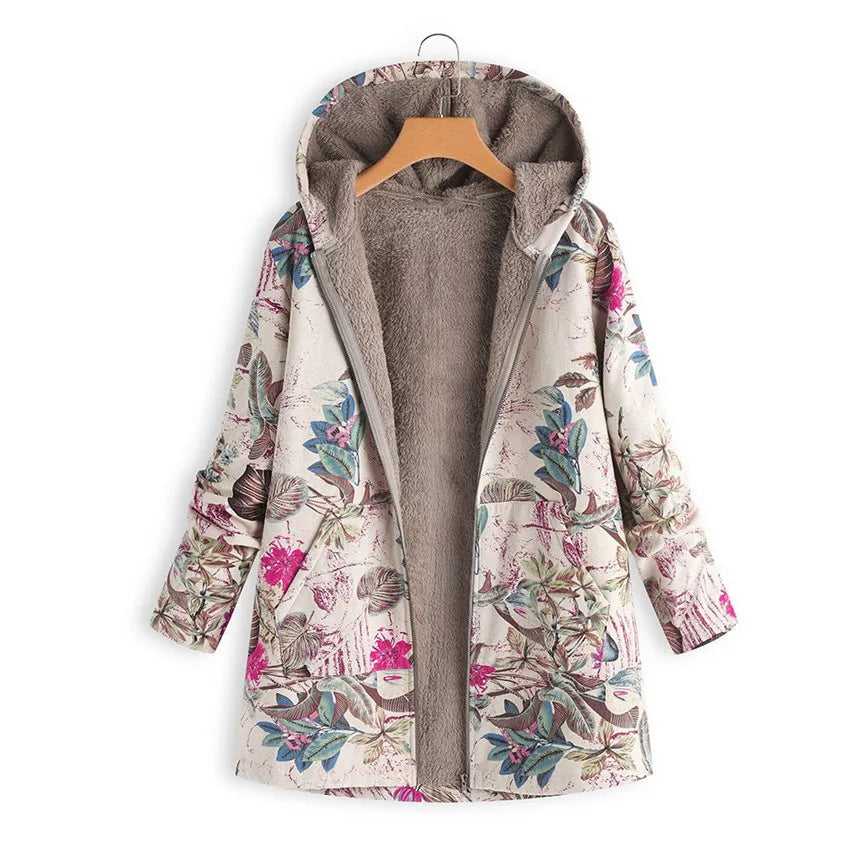 Plus Size Women Overcoat Printed Hooded Long Sleeve Coat Oversized Vintage Parkas New Autumn Winter Warm Padded Jacket  2023