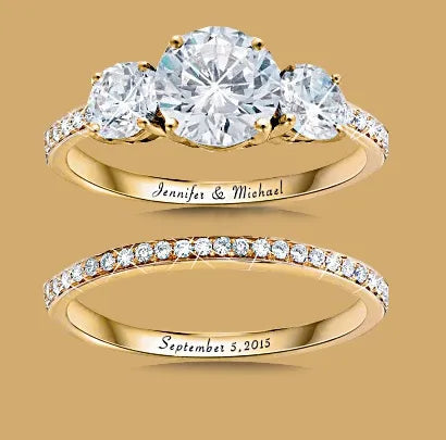 2pcs/set Luxurious Women Wedding Ring Set Shiny Round Cut Zircon Stone Rings Gold Color Party Crystal Jewelry Accessories