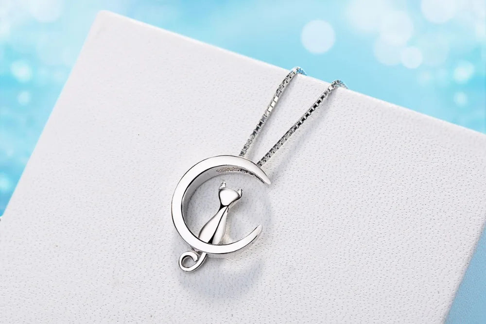 925 Sterling Silver Necklace For Women Moon Kitten Cat Necklaces & Pendants Link Chain Kolye S-n187