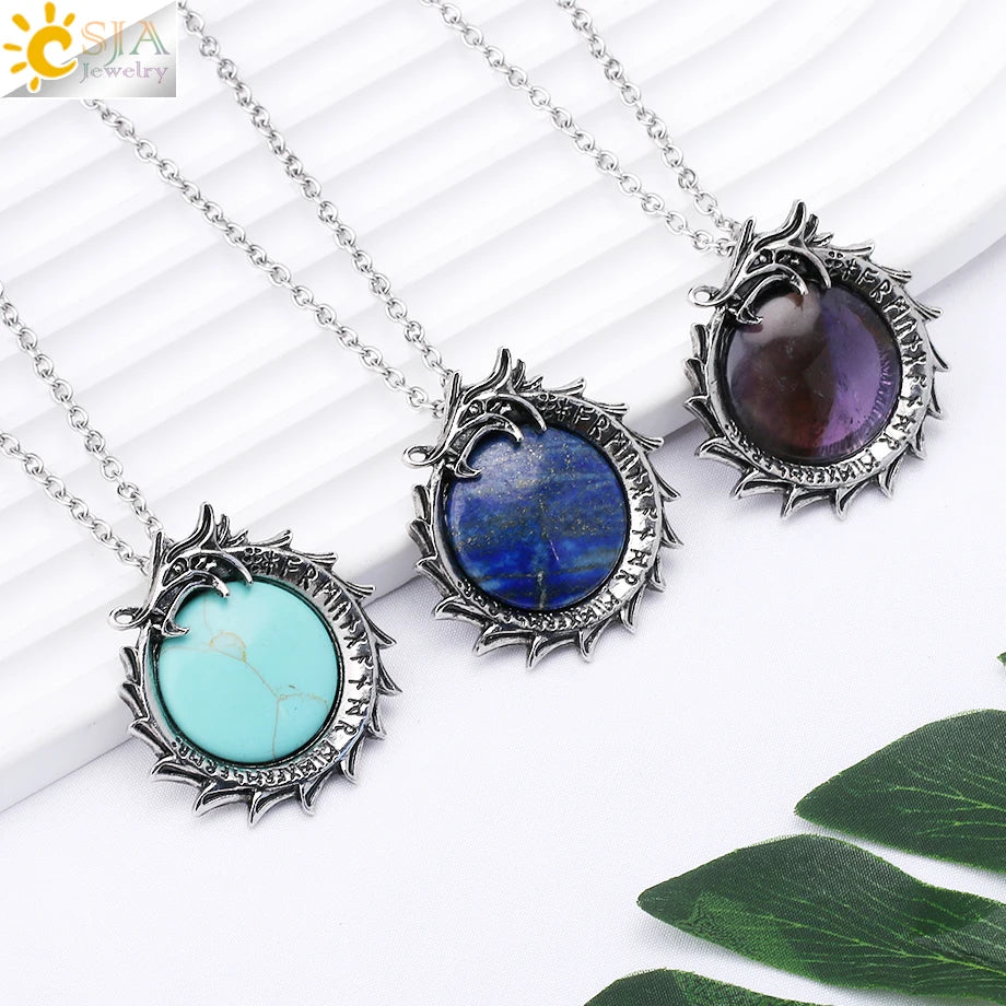 CSJA Healing Natural Stone Crystal Necklace for Women Dragon Round Pendant Pink Quartz Amethysts Obsidian Spiritual Jewelry H126