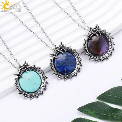 CSJA Healing Natural Stone Crystal Necklace for Women Dragon Round Pendant Pink Quartz Amethysts Obsidian Spiritual Jewelry H126