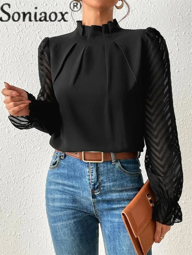 Elegant Half-turtleneck Pullover Solid Color Chiffon Shirt Women's Wave Print Ruffle Long Sleeve Blouse Ladies Casual Loose Tops