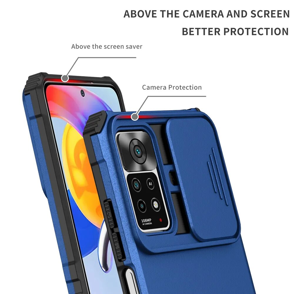 KEYSION Shockproof Case for Redmi Note 11 Pro 11S 12 5G 10 Push Pull Camera Protection Live Stand Phone Cover for Xiaomi 11T Pro