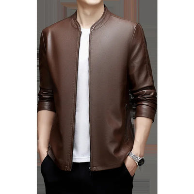 2024 New Men's Faux Leather Jacket Slim Fit Casual Simple Stand Collar Autumn/winter Thin Version Smooths Your Silhouette