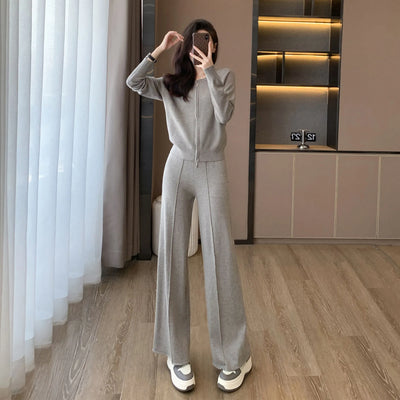 Knitted Sweater 2 Peice Set Women Autumn 2023 Warm O-Neck Cardigan Straight Jogging Wide-leg Pants Suits Casual Tracksuit Women