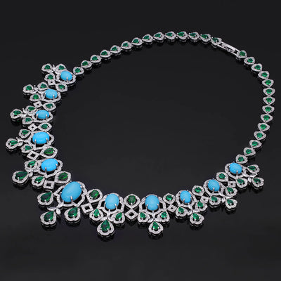 2023 Popular 4-piece Cubic Zirconia Turquoise Necklace Earrings Women's Jewelry Set Zircon Dubai Bride Wedding Jewelry Set