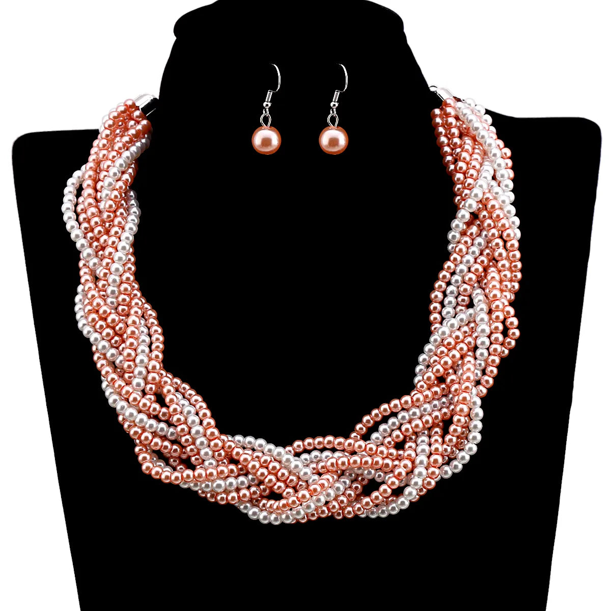 Newest Exaggerated 9 Pearl Beaded Strands Wrapped Statement Choker Necklace and Earrings Jewelry Sets for Women Girls