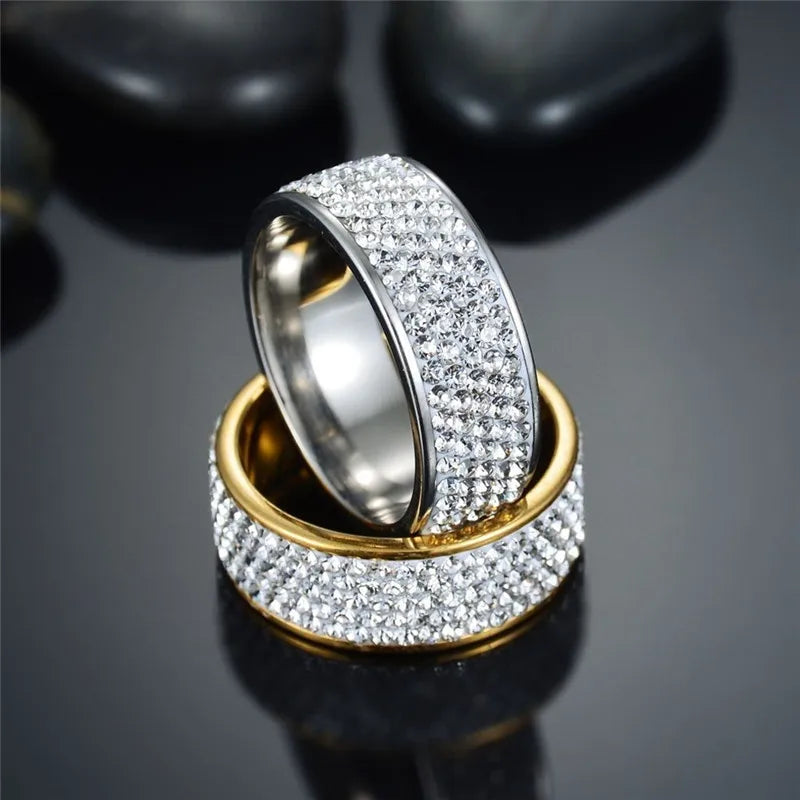 8mm Wide Five Rows Full Rhinestone Shiny Rings Stainless Steel Gold Silver Color Ring For Women Men Hiphop Fashion Party Jewelry