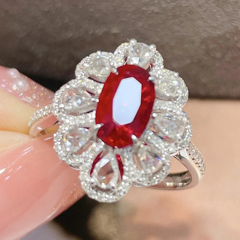 925 Stamped Fashion Imitation Natural Pigeon Blood Ruby Flower Ring For Women Water-drop Shape Party Birthday Jewellery Gift