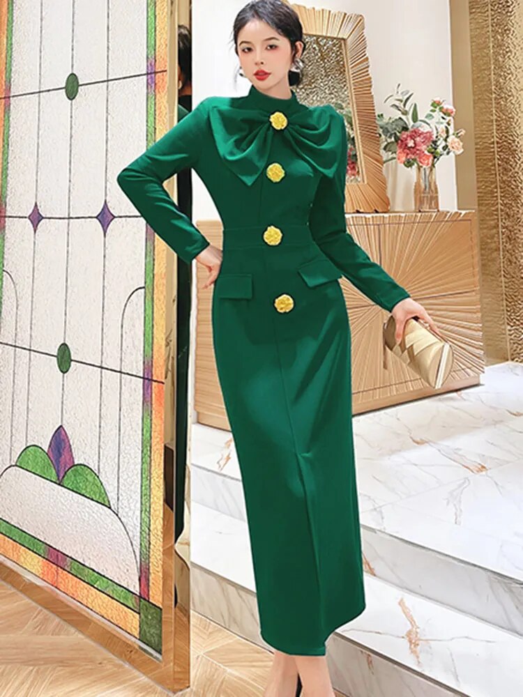 ZJYT Runway Autumn Midi Dresses for Women 2023 Elegant Black Green Vestidos Long Sleeve Straight Party Robe Femme Plus Size XXL