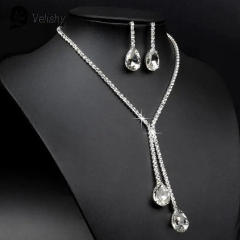 Wedding Luxury Water Drop Crystal Rhinestone Necklace Earrings Jewelry Set