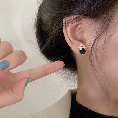 Korean Style Black Zircon Stud Earring For Women Shiny Rhinestone Square Geometric Earrings Girl Party Statement Jewelry Gifts