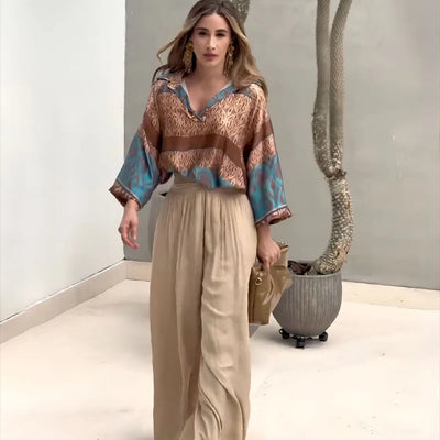 Women Suit Casual Commuting Loose Printed Top Wide Leg Pants Two-piece Set Autumn Winter Fashionable Temperament Female Clothing