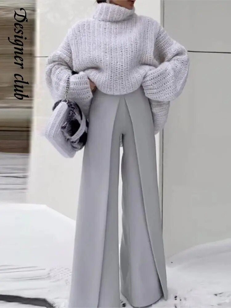 Elegant Solid Women's Turtleneck Sweater Set Chic Loose Thick Top High Waist Straight Pant Suit 2023 Autumn Lady High Streetwear