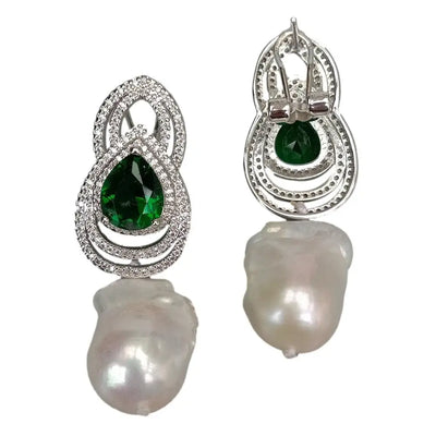 Y·YING Cultured White Keshi Pearl Green Cz Drop Omega Stud Earrings For Women Girl Friend Gift Adjustable