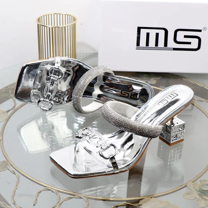 Women's slippers 2023 summer fashion Transparent belt metal decoration box shaped square Alien heel high heels wearing sandals