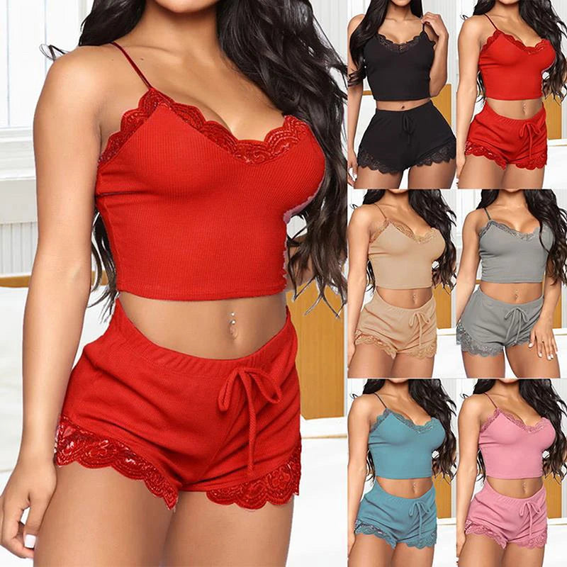 Women Pajama Sets Sexy Lace Sleeveless Soft Pajamas Comfortable V-Neck Sleepwears Female Nightgown Night Wear Satin Nightdress