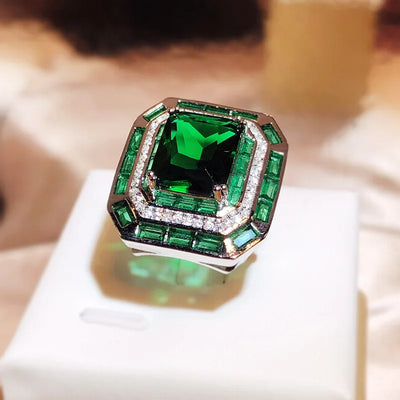 Hot Selling New Simulation Emerald Tourmaline Opening Ring Female 925 Silver Luxury Princess Square Full Diamond Ring Party Gift