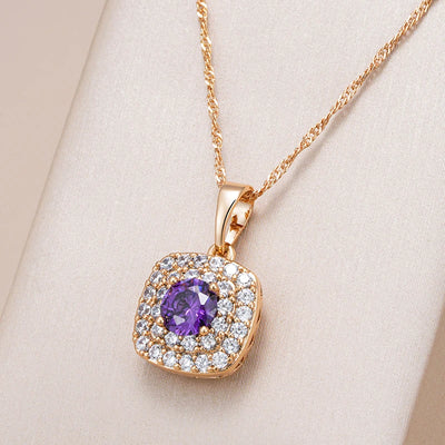 Kinel Hot Shiny Purple Natural Zircon Square Pendant Necklace for Women 585 Rose Gold Color Crystal Pendant Vintage Jewelry