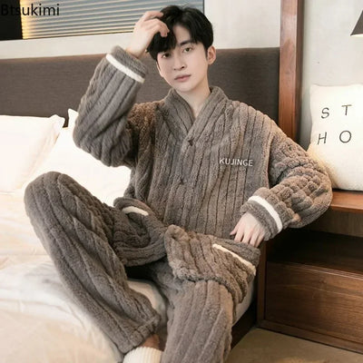 2023 Men's Warm Pajama Sets Autumn Winter Thick 2 Piece Set Flannel Sleepwear Loose Long Sleeve Solid Homewear Home Clothes Sets