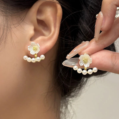 2 in 1 White Flower Stud Earringss for Women Korean Sweet Imitation Pearl Detachable Elegant Acrylic Small Earrings 2024 nw