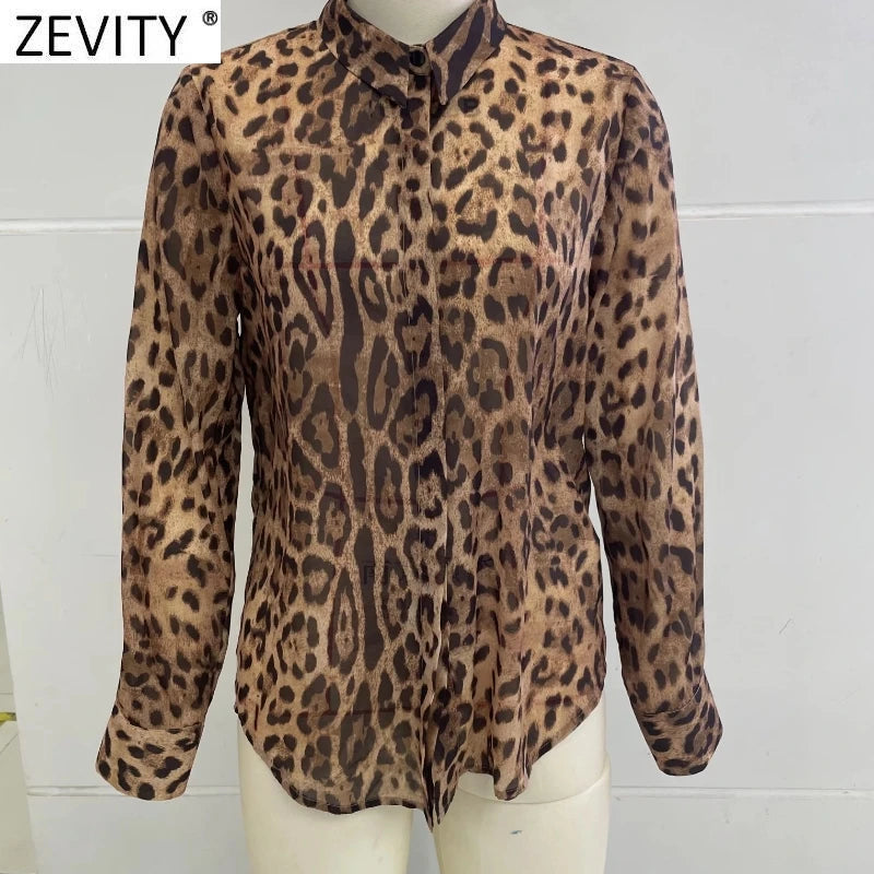 Zevity Women Fashion Leopard Print Chiffon Blouse Office Ladies Long Sleeve Button Up Streetwear Shirts Chic Blusas Tops LS9949