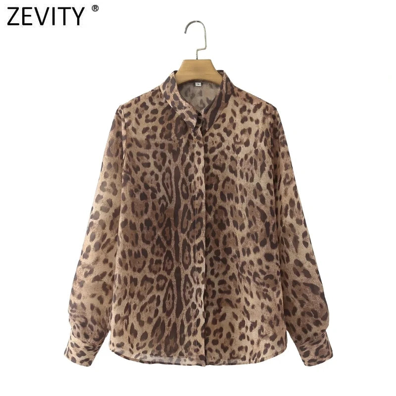 Zevity Women Fashion Leopard Print Chiffon Blouse Office Ladies Long Sleeve Button Up Streetwear Shirts Chic Blusas Tops LS9949