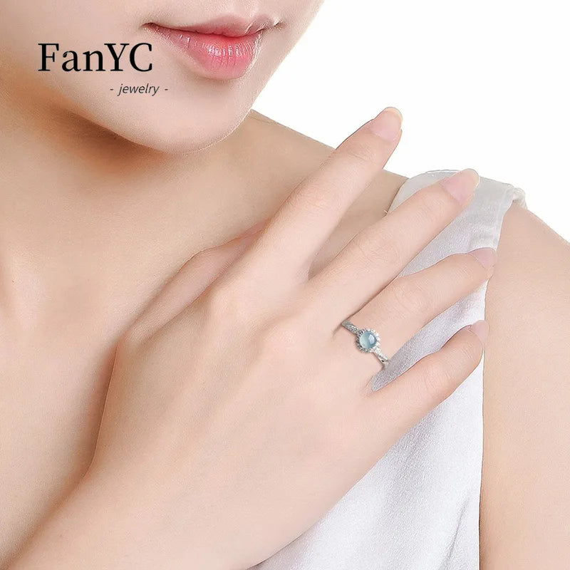 S925 Silver Inlaid Natural Jadeite Blue Water Ring Simple and Exquisite Ice Jade Adjustable Finger Ring Ladies Gift Souvenirs