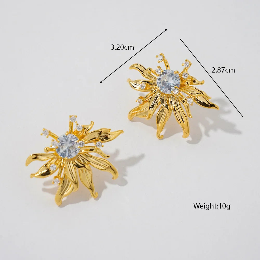 Fashion Diamond-Encrusted Gold Flowers Earring 18k Gold Plated Waterproof No Fading Ear Studs