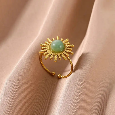 Green Natural Stone Sun Stainless Steel Open Zircon Rings for Women Vintage Gold Color Wedding Aesthetic Ring Femme Jewelry