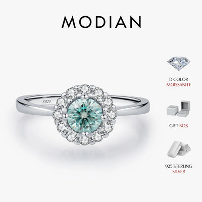 MODIAN D Color Green Teal Moissanite Halo Ring 925 Sterling Silver Trendy Elegant Finger Rings For Women Wedding Fine Jewelry